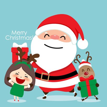 Christmas Greeting Card with Christmas Santa Claus, reindeer and cute girl. Vector illustration.のイラスト素材