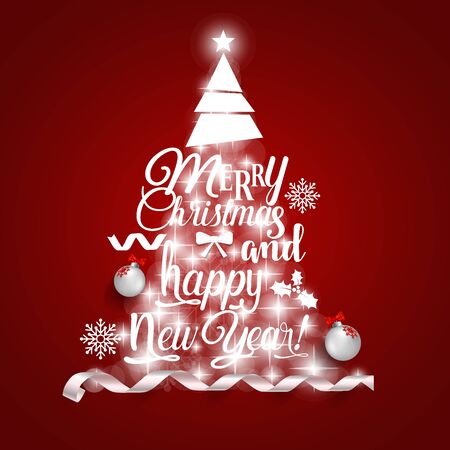 Christmas Greeting Card. Merry Christmas and Happy New Year lettering with Christmas tree, vector illustration.のイラスト素材