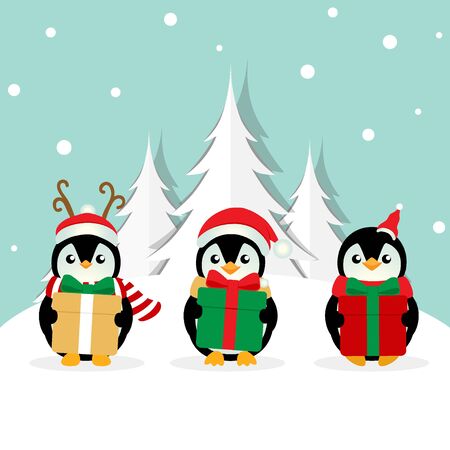 Penguin. Christmas background. Christmas Greeting Card. Vector illustration.のイラスト素材