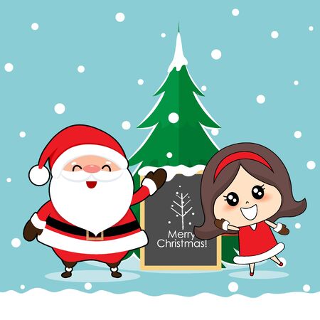 Santa Claus and Cute girl with santa costume. Christmas background. Christmas Greeting Card. Vector illustration.のイラスト素材
