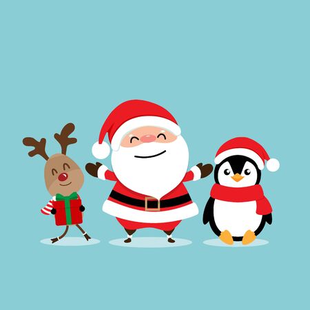 Holiday Christmas greeting card with Santa Claus, reindeer and Penguin cartoon. Vector illustration.のイラスト素材