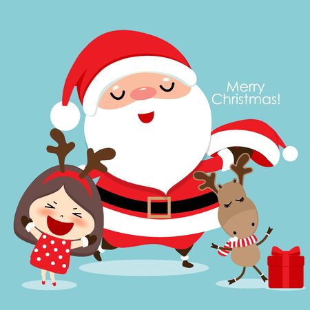 Christmas Greeting Card with Christmas Santa Claus, reindeer and cute girl. Vector illustration.のイラスト素材
