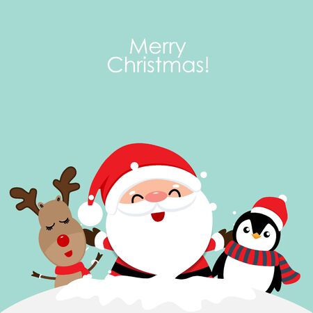 Holiday Christmas greeting card with Santa Claus, reindeer and Penguin cartoon. Vector illustration.のイラスト素材