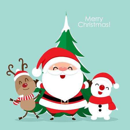 Christmas Greeting Card with Christmas Santa Claus ,Snowman and reindeer. Vector illustration.のイラスト素材
