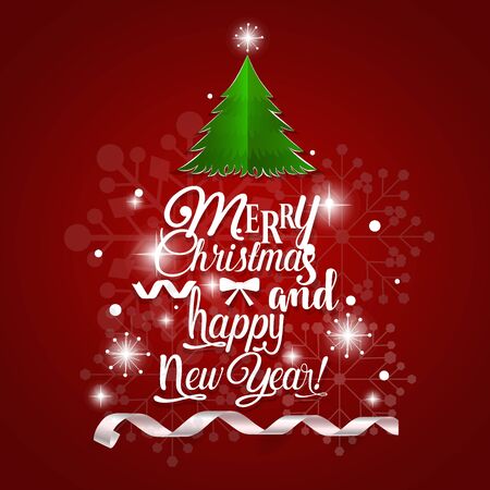 Christmas Greeting Card. Merry Christmas and Happy New Year lettering with Christmas tree, vector illustration.のイラスト素材