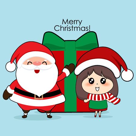 Santa Claus and cute character girl with santa costume. Christmas background. Christmas Greeting Card. Vector illustration.のイラスト素材
