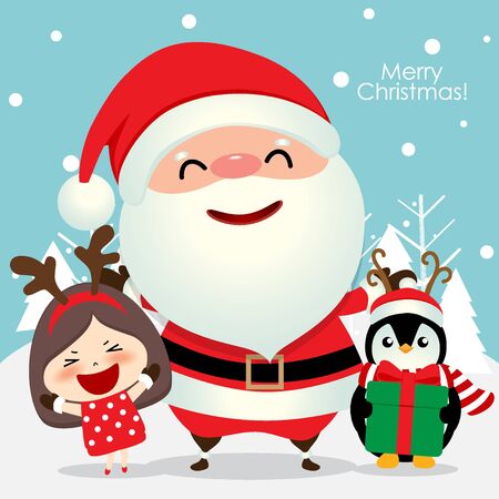 Santa Claus, Penguin and Cute girl with santa costume. Christmas background. Christmas Greeting Card. Vector illustration.のイラスト素材