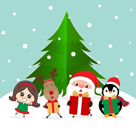 Christmas Greeting Card with Christmas Santa Claus, Penguin, reindeer and cute girl. Vector illustration.のイラスト素材
