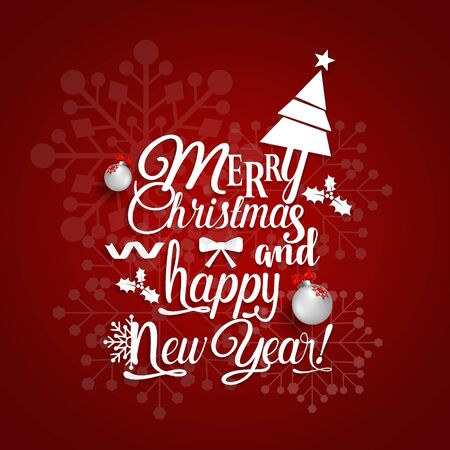 Christmas Greeting Card. Merry Christmas and Happy New Year lettering with Christmas tree, vector illustration.のイラスト素材