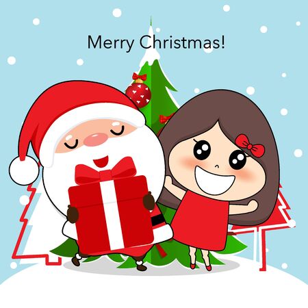 Santa Claus and cute character girl with santa costume. Christmas background. Christmas Greeting Card. Vector illustration.のイラスト素材