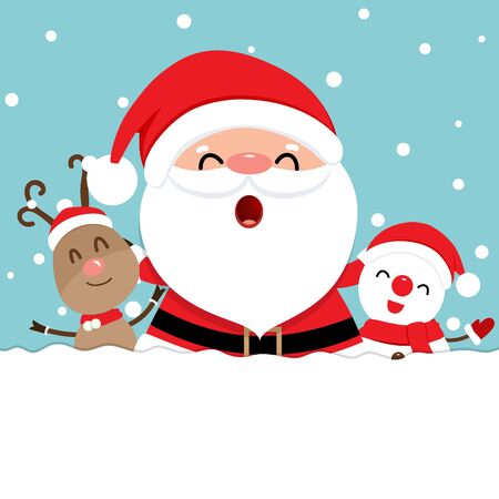 Holiday Christmas greeting card with Santa Claus, reindeer, and Snowman. Vector illustration.のイラスト素材