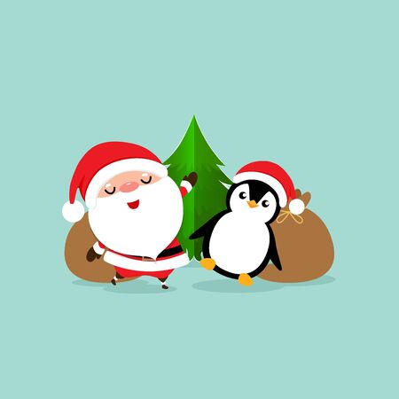 Holiday Christmas greeting card with Santa Claus, and Penguin cartoon. Vector illustration.のイラスト素材