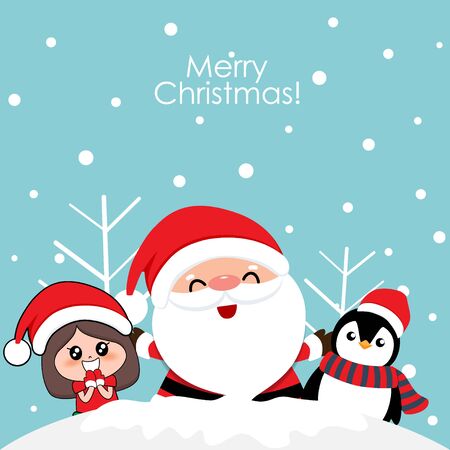 Santa Claus, Penguin and Cute girl with santa costume. Christmas background. Christmas Greeting Card. Vector illustration.のイラスト素材