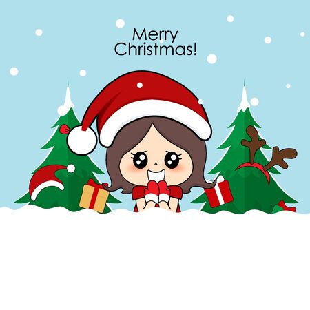 Cute character girl with santa costume. Christmas background. Christmas Greeting Card. Vector illustration.のイラスト素材