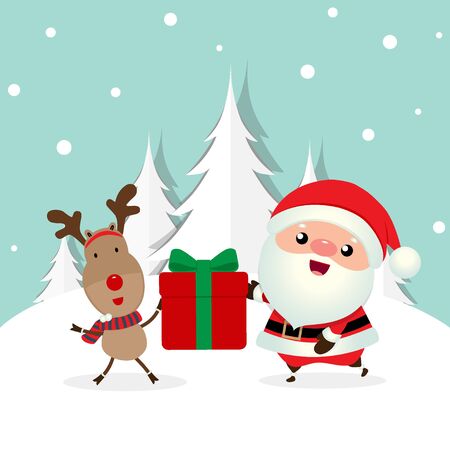 Christmas Greeting Card with Christmas Santa Claus and reindeer. Vector illustration.のイラスト素材