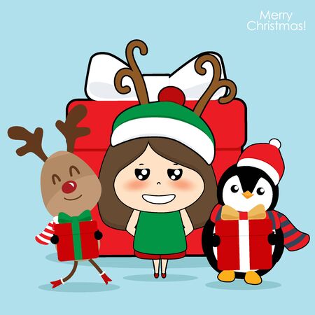 Cute reindeer, Penguin and Cute character girl with santa costume. Christmas background. Christmas Greeting Card. Vector illustration.