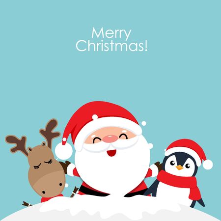 Holiday Christmas greeting card with Santa Claus, reindeer and Penguin cartoon. Vector illustration.のイラスト素材
