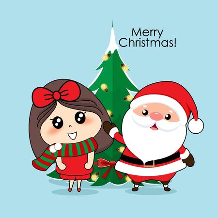 Santa Claus and cute character girl with santa costume. Christmas background. Christmas Greeting Card. Vector illustration.のイラスト素材