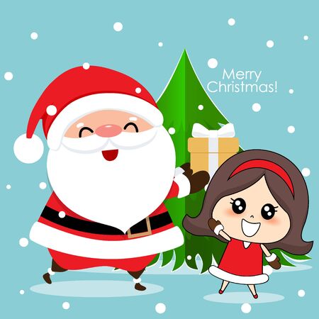 Santa Claus and Cute girl with santa costume. Christmas background. Christmas Greeting Card. Vector illustration.のイラスト素材
