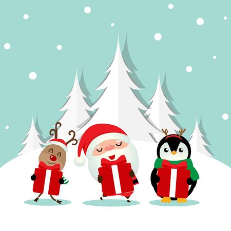 Christmas Greeting Card with Christmas Santa Claus ,Penguin and reindeer. Vector illustration.のイラスト素材