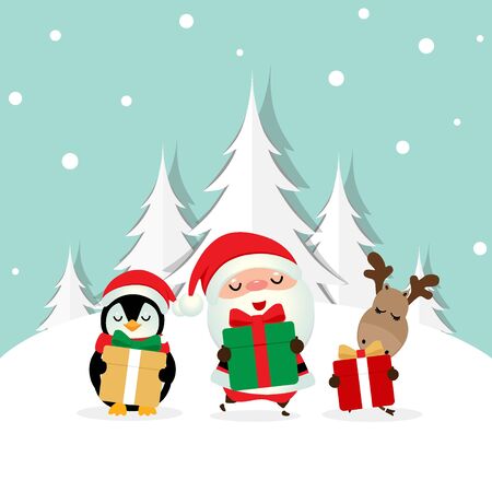 Christmas Greeting Card with Christmas Santa Claus ,Penguin and reindeer. Vector illustration.のイラスト素材