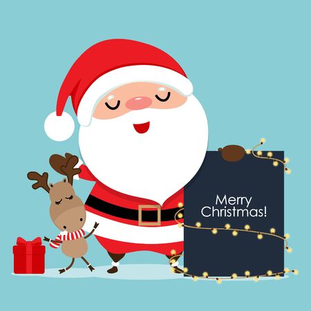 Holiday Christmas greeting card with Santa Claus, and reindeer. Vector illustration.のイラスト素材