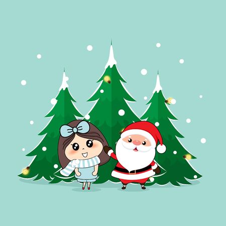 Santa Claus and Cute girl with santa costume. Christmas background. Christmas Greeting Card. Vector illustration.のイラスト素材