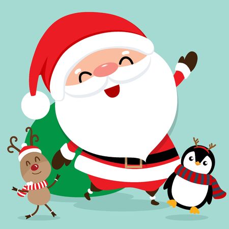 Holiday Christmas greeting card with Santa Claus, reindeer and Penguin cartoon. Vector illustration.のイラスト素材