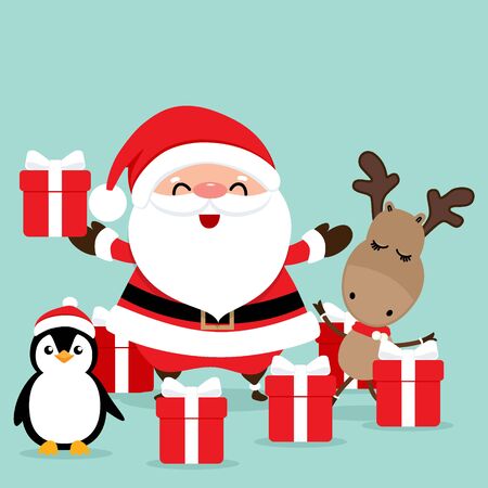 Holiday Christmas greeting card with Santa Claus, reindeer and Penguin cartoon. Vector illustration.のイラスト素材