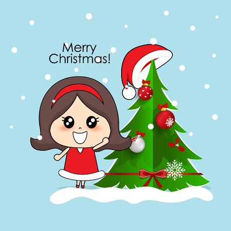 Cute character girl with santa costume. Christmas background. Christmas Greeting Card. Vector illustration.のイラスト素材