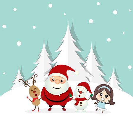 Christmas Greeting Card with Christmas Santa Claus ,Snowman, reindeer and cute girl. Vector illustration.のイラスト素材