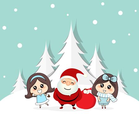 Christmas Greeting Card with Christmas Santa Claus and cute girl. Vector illustration.のイラスト素材