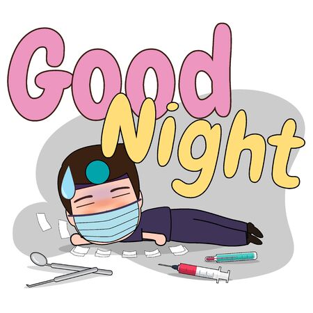 Dentist with word GOOD NIGHT, Cartoon character Dentist Design, Medical worker, Medical concept. Vector illustration design.のイラスト素材
