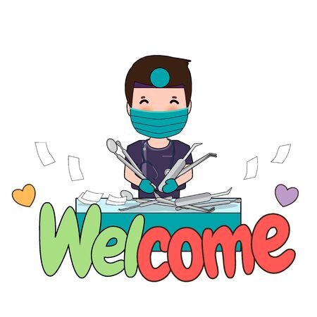 Dentist with word WELCOME, Cartoon character Dentist Design, Medical worker, Medical concept. Vector illustration design.のイラスト素材