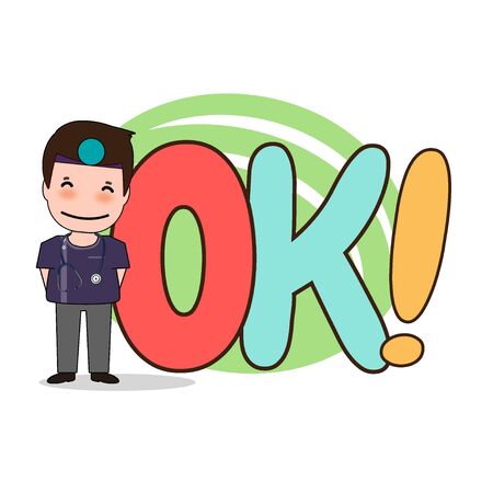 Dentist with word OK, Cartoon character Dentist Design, Medical worker, Medical concept. Vector illustration design.のイラスト素材