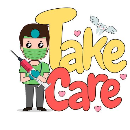Dentist with word TAKE CARE, Cartoon character Dentist Design, Medical worker, Medical concept. Vector illustration design.のイラスト素材