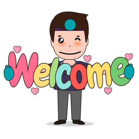 Dentist with word WELCOME, Cartoon character Dentist Design, Medical worker, Medical concept. Vector illustration design.のイラスト素材