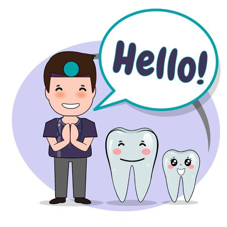 Dentist with word Hello, Cartoon character Dentist Design, Medical worker, Medical concept. Vector illustration design.のイラスト素材
