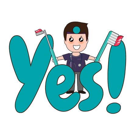 Dentist with word YES, Cartoon character Dentist Design, Medical worker, Medical concept. Vector illustration design.のイラスト素材