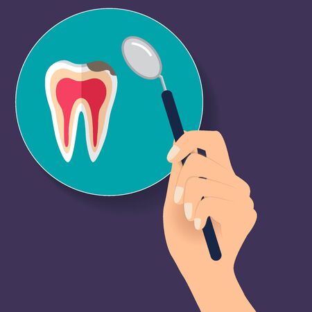 Dentist holds a dental instrument. Dental concept. Dentist background. Vector illustration.のイラスト素材