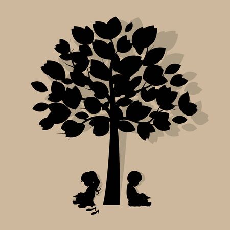 Vector background with children read a book under tree. Vector Illustrationのイラスト素材