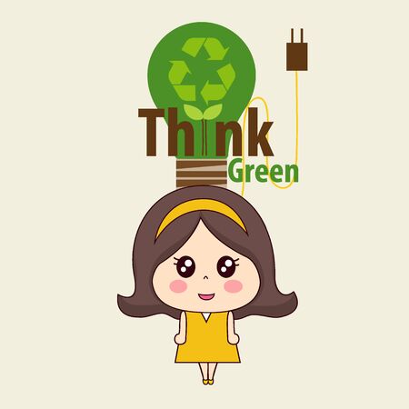 Think green. Ecology concept. Girl with green light bulb. Vector illustration.のイラスト素材