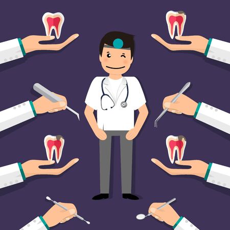 Dentist holds a dental instrument and tooth. Dental concept. Dentist background. Vector illustration.のイラスト素材