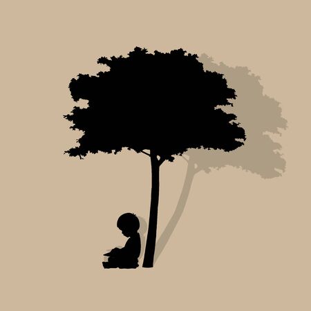 Vector background with children read a book under tree. Vector Illustrationのイラスト素材