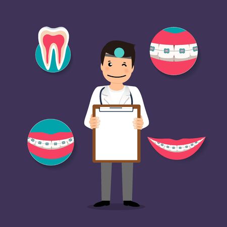 Dentist holding medical clipboard, vector illustration. Concept healthcare. Medical background.のイラスト素材