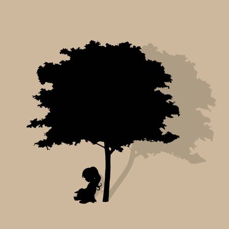 Vector background with children read a book under tree. Vector Illustrationのイラスト素材