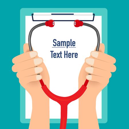 Doctor holding stethoscope with medical clipboard. Medical background. Vector illustration.のイラスト素材