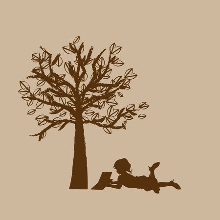 Vector background with children read a book under tree. Vector Illustrationのイラスト素材