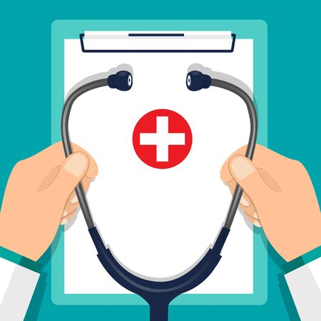 Doctor holding stethoscope with medical clipboard. Medical background. Vector illustration.のイラスト素材