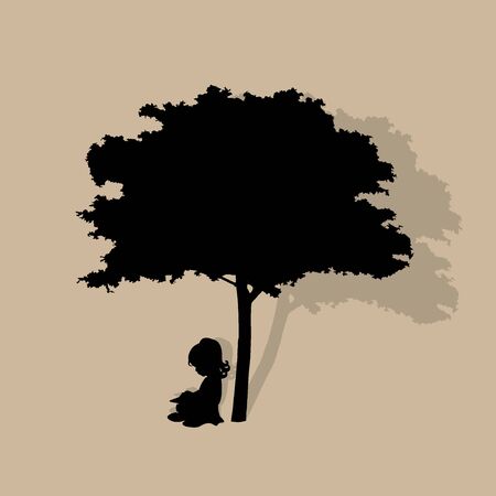 Vector background with children read a book under tree. Vector Illustrationのイラスト素材